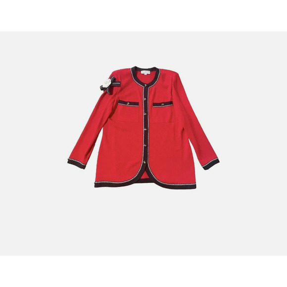 St John Marie Gray 2pc Blazer Skirt Set Womens Size 14 Red USA Buttons STUNNING - Picture 8 of 15